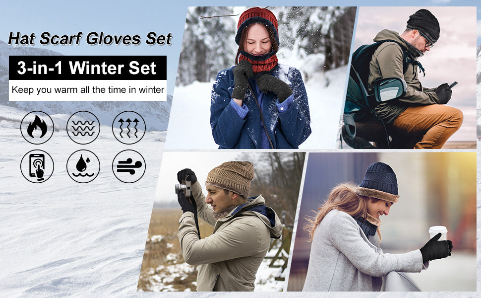 OOPOR Winter Hat Scarf Gloves Set - Thermal Warm Knitted Beanie Cap Circle Neck Warmer Touchscreen Glove Outdoor Sports Super Soft Fleece Inner Lining Stretchy Elastic Gift for Men Women