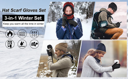 OOPOR Winter Hat Scarf Gloves Set - Thermal Warm Knitted Beanie Cap Circle Neck Warmer Touchscreen Glove Outdoor Sports Super Soft Fleece Inner Lining Stretchy Elastic Gift for Men Women